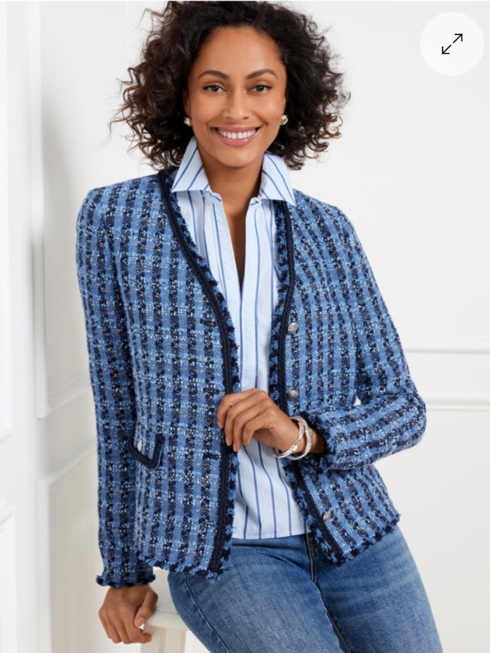 Talbots Tweed Braid Trimmed Blazer, Blue, Size 6